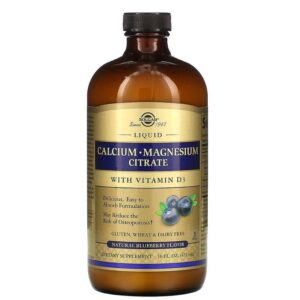 Solgar Citrat de calcium et de magnésium liquide avec vitamine D3, bleuet naturel, 473 ml