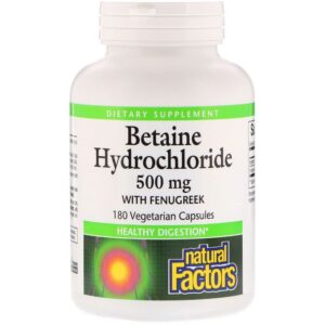 Natural Factors Chlorhydrate de bétaïne avec fenugrec, 500 mg, 180 capsules végétariennes