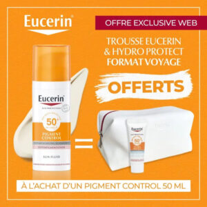 EUCERIN OFFRE WEB SUN FLUIDE PIGMENT CONTROL 50 ML SPF 50 + FORMAT VOYAGE ET TROUSSE OFFERTS