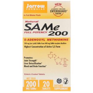 Jarrow Formulas SAM-e (S-Adénosyle-L-Méthionine) 200, 200 mg, 20 Comprimés enrobés