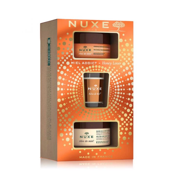 Nuxe Coffret Gommage gourmand nourrissant corps + Baume-huile corps + Bougie