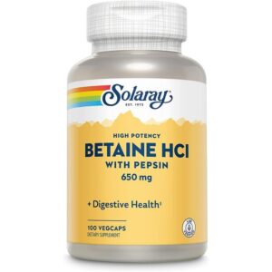 Solaray Bétaïne HCL haute efficacité avec pepsine, 650 mg, 100 capsules végétariennes