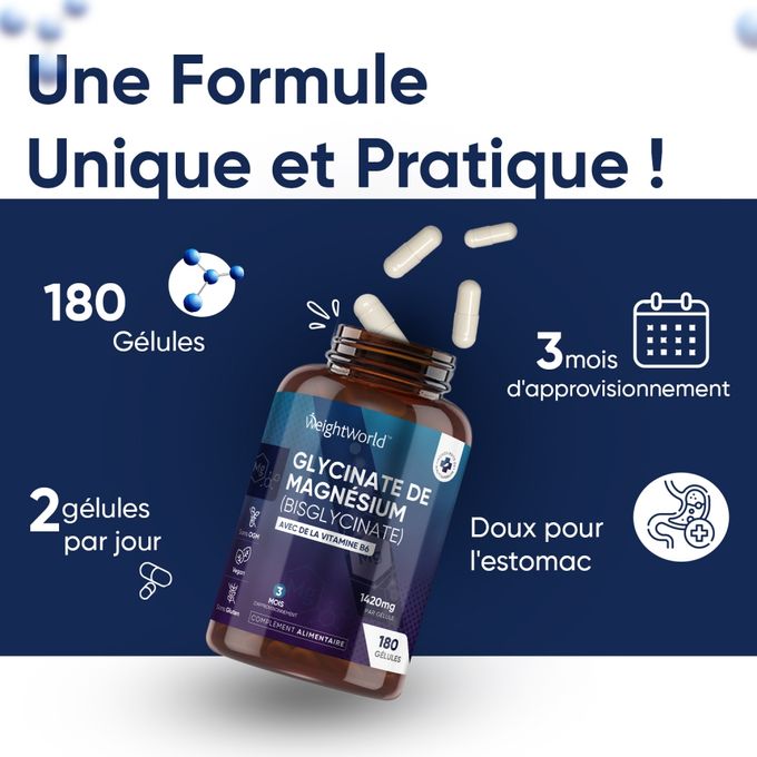 WeightWorld Glycinate de magnésium Bisglycinate avec Vitamine B6 180 capsules – Image 3