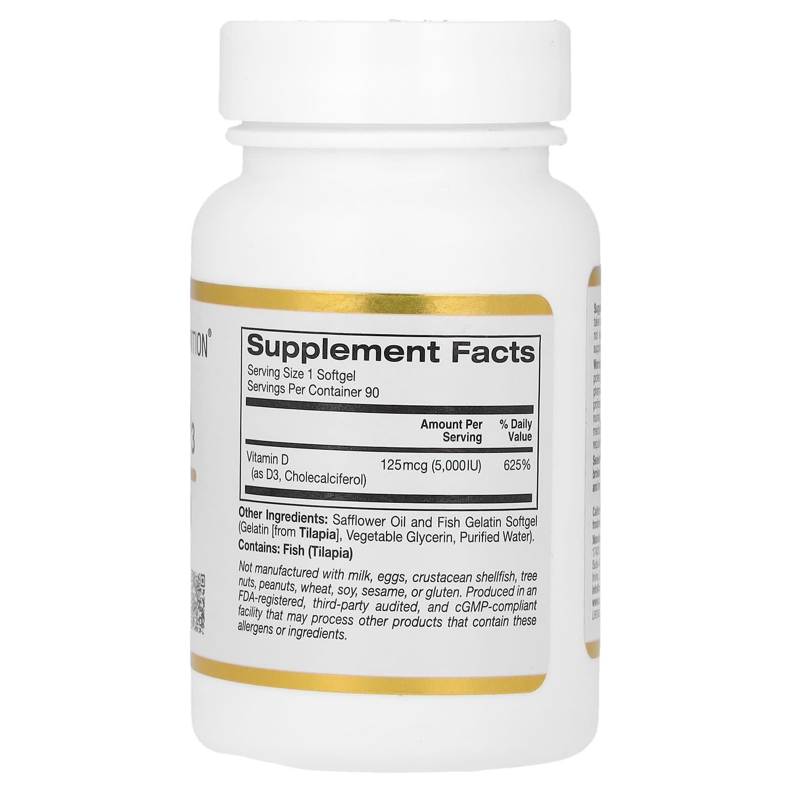 California Gold Nutrition Vitamine D3 125 µg (5000 IU) 90 capsules à enveloppe molle à base de gélatine de poisson – Image 2