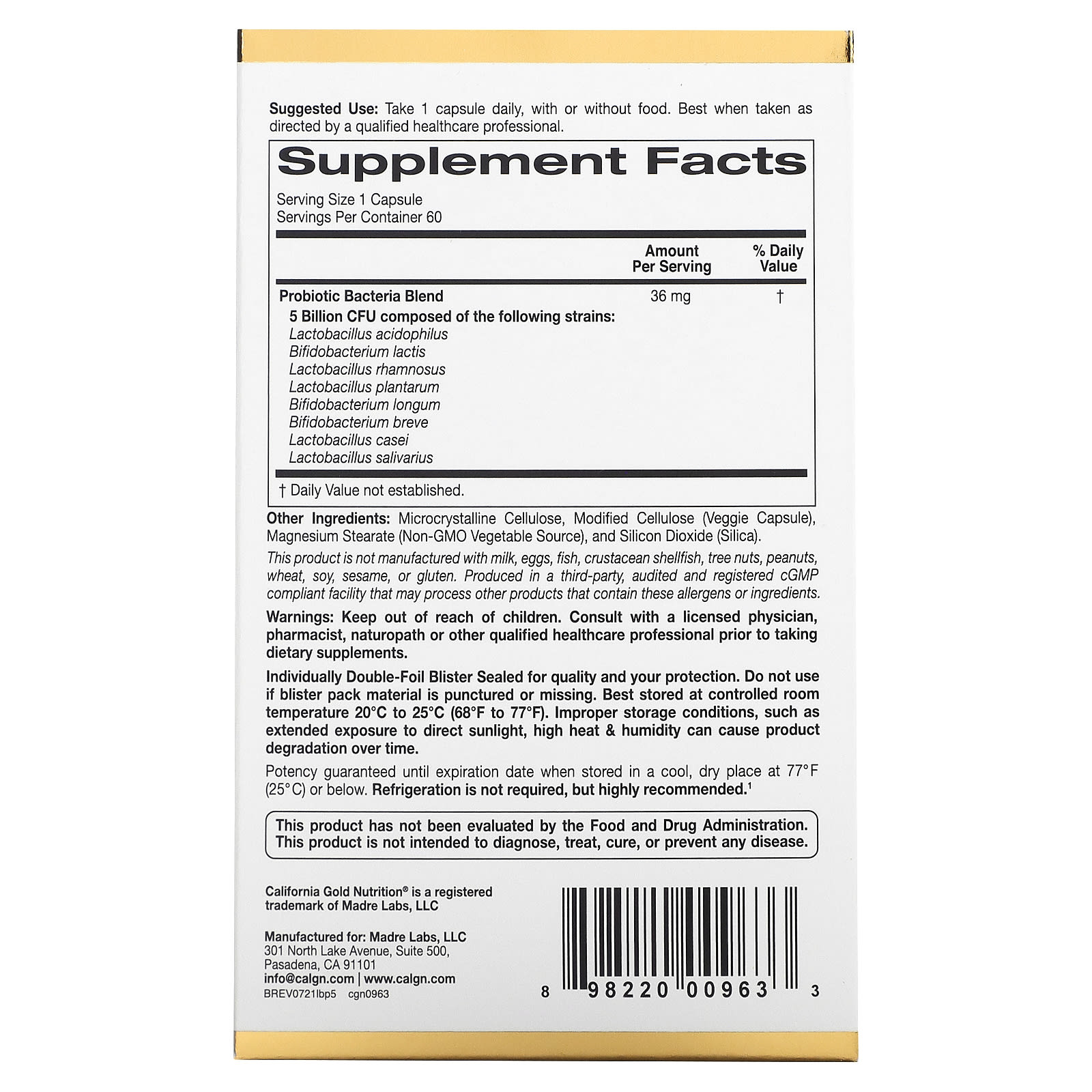 California Gold Nutrition Probiotiques LactoBif 5, 5 milliards 60 capsules végétales - صورة 2