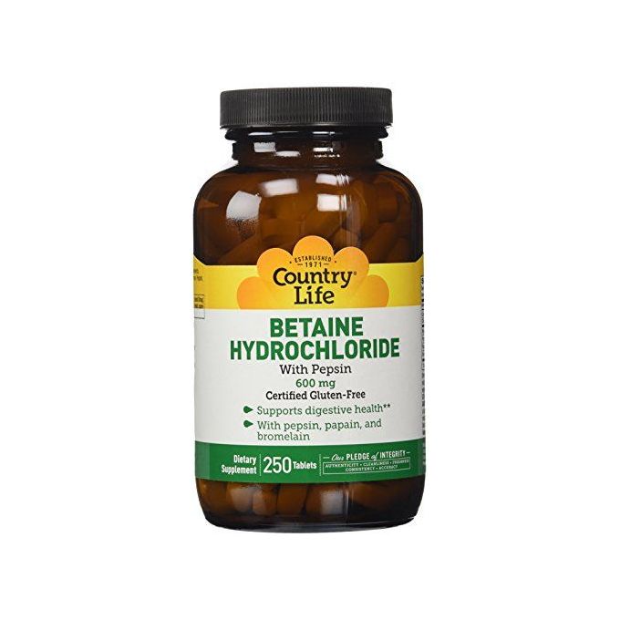 Country Life Chlorhydrate de bétaïne avec pepsine 600 mg. - 250 Tablettes