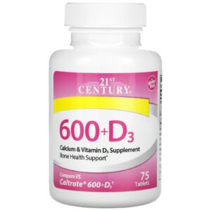 21st Century, 600+D3, Complément calcium & vitamine D3, 75 comprimés