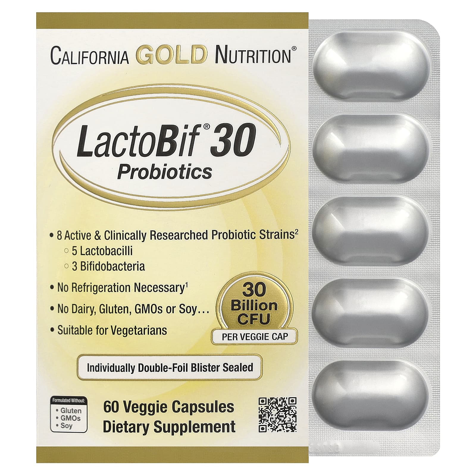 California Gold Nutrition, Probiotiques LactoBif® 30, 30 milliards d'UFC, 60 capsules végétales