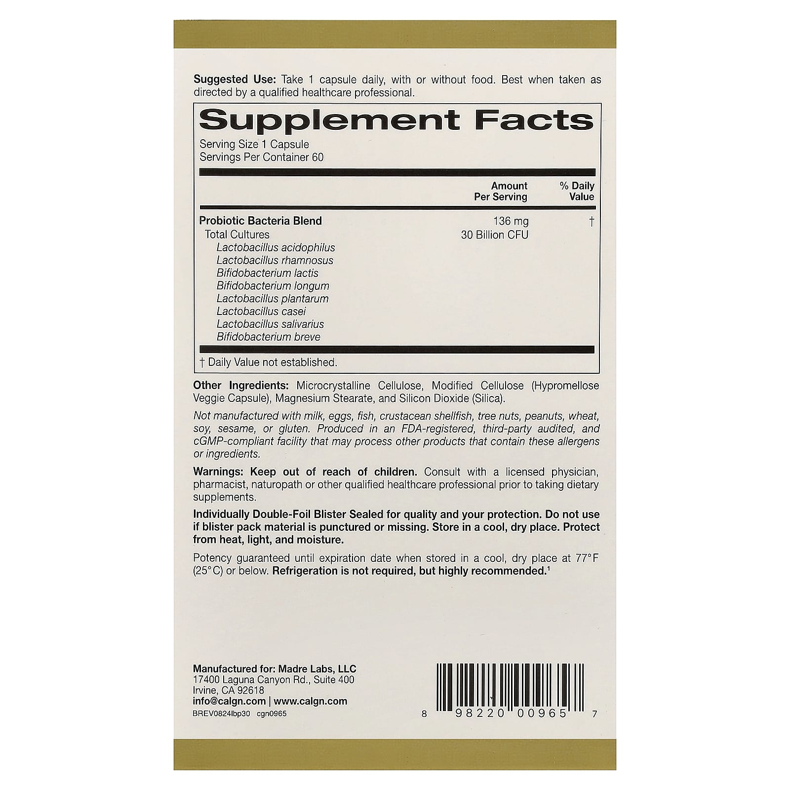 California Gold Nutrition, Probiotiques LactoBif® 30, 30 milliards d'UFC, 60 capsules végétales – Image 2