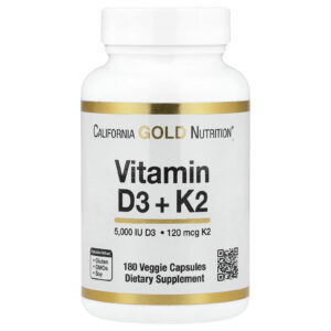California Gold Nutrition, Vitamines D3 + K2 sous forme de MK-7, 180 capsules végétales