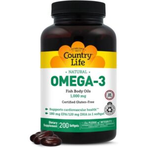 Country Life Oméga-3 naturels, 1000 mg, 200 capsules à enveloppe molle