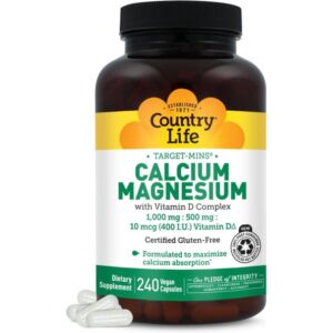 Country Life Target-Mins, Calcium Magnésium avec complexe de vitamine D, 240 capsules vegan