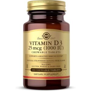 Solgar Vitamine D3 25 mcg 1000 UI Fraise Banane 100 Comprimés à Croquer