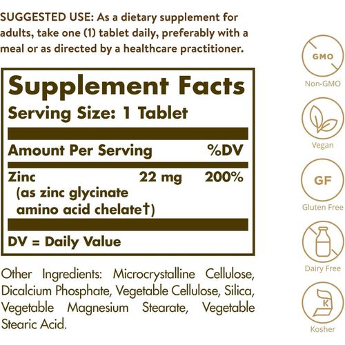 Solgar Zinc Chélaté 22 mg 100 Comprimés - صورة 2